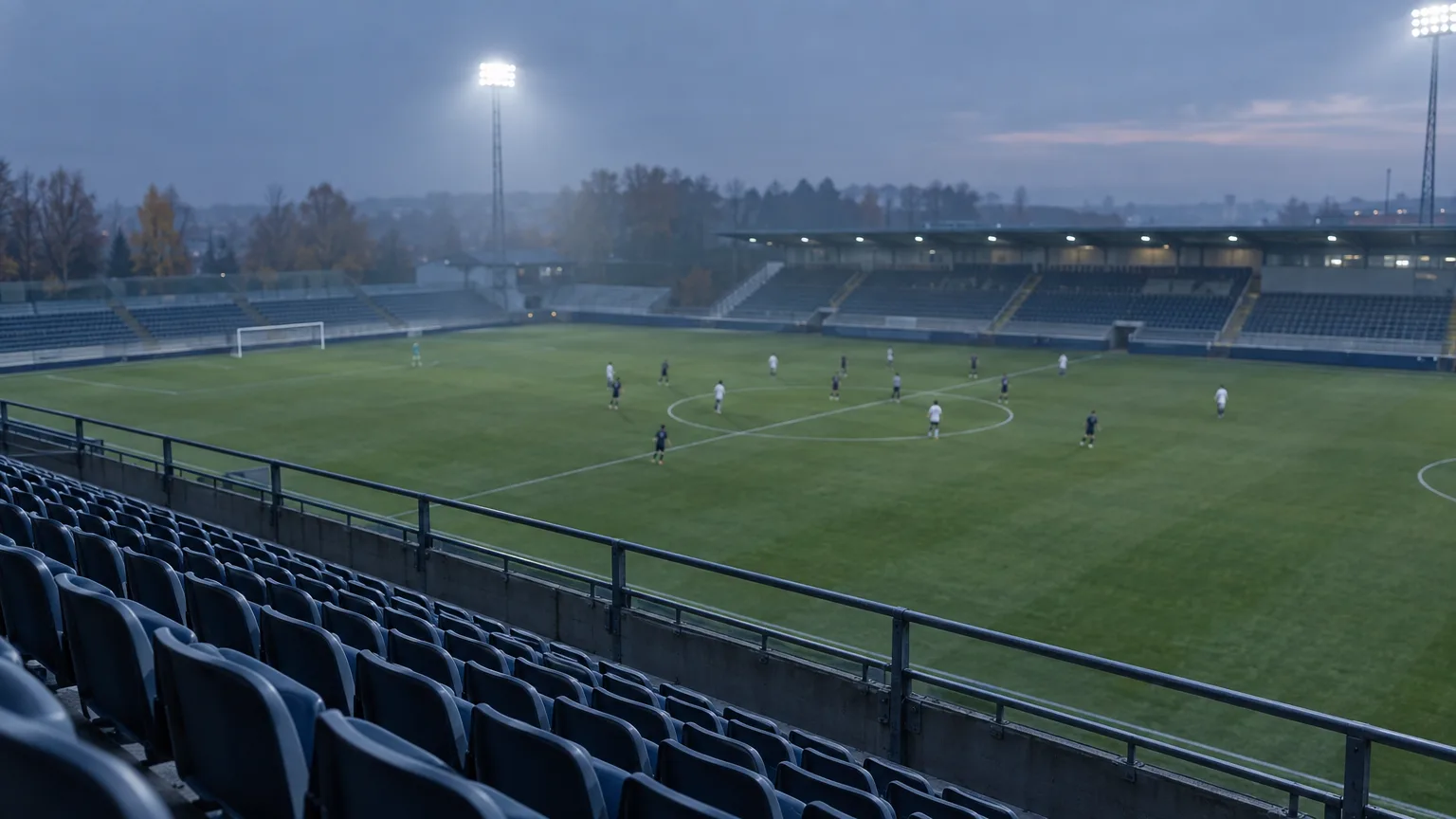 Fotbollsarena i skymning med tända strålkastare, sedd från läktaren, och några suddiga spelare långt bort på planen.
